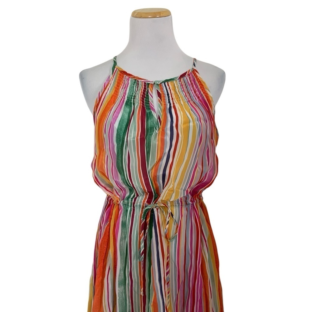 Velvet By Graham & Spencer Striped Satin Maxi Dress Womens XS Pockets Rainbow
